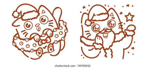 Cute ginger Cat as Santa Claus. Playful wrapped in tree branch. Making magic with stars, fireworks. Kitty, kitten characters for Christmas and New Year celebration, drawn vector outline illustration