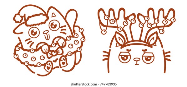 Cute ginger Cat as Santa Claus. Playful wrapped in tree branch. Funny, comical annoyed that wearing deer horns. Kitty, kitten characters for Christmas celebration, drawn vector outline illustration