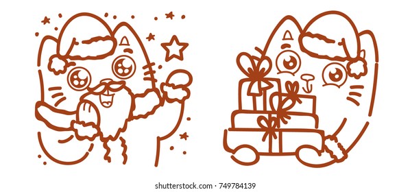 Cute ginger Cat as Santa Claus. Making magic with stars, fireworks. Holding gift, present boxes. Kitty, kitten characters for Christmas celebration, hand drawn vector outline cartoon illustration