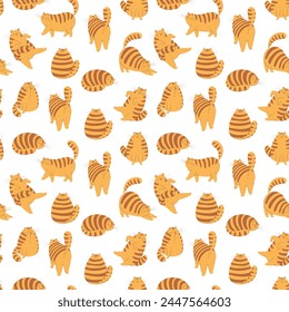 Cute ginger cat seamless pattern. Cat behavior, body language and face expressions. Striped cat in different poses and with various emotions