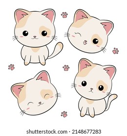 Cute ginger cat set. Cartoon funny character. Kawaii kitten baby animal. Sweet kitten for stickers. Flat design. Vector illustration on white background.