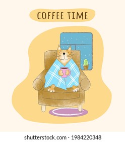 Cute ginger cat sits in a armchair wrapped in a plaid with mug of coffee. Coffee time. Cartoon vector illustration, design for print, sticker and postcard. Hand-drawing.