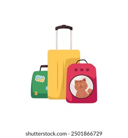 A cute ginger cat sits inside a special red pet travel backpack with ventilation and a plastic window. Yellow suitcase, green bag. Tourist trip. Vector illustration isolated on white background.