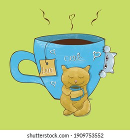 A cute ginger cat sits with a mug on the background of a large blue mug. Vector illustration, design for banner, sticker and greeting card. Watercolor style