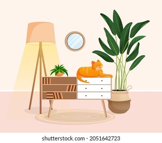 Cute ginger cat sits on a chest of drawers. Living room interior with animal, ficus, lamp and home decor. Vector illustration of a room without people