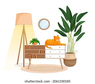 Cute ginger cat sits on a chest of drawers. Living room interior with animal, ficus, lamp and home decor. Vector illustration of a room without people.