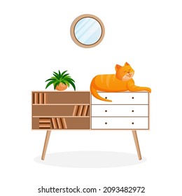 Cute ginger cat sits on a bookcase. Interior with an animal. Vector illustration.