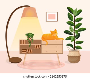 Cute ginger cat sits on a chest of drawers. Living room interior with animal, ficus, lamp and home decor. Vector illustration of a room without people.