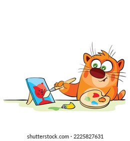 cute ginger cat sits at the table and draws a self-portrait on the canvas with paints, cartoon illustration, isolated object on a white background, vector, eps