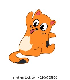Cute ginger cat sitting. Cartoon funny cat with black and white spots licking his fur. Happy pet. Vector illustration isolated on white background.