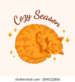 Un gatito de jengibre dormido acurrucada en una bola. Agradable concepto de otoño e invierno. Gatito de tabby rojo. Ilustración aislada de vector dibujado a mano.