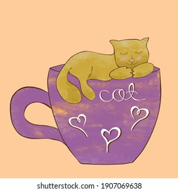 Cute ginger cat is sleeping on the  cup. Vector illustration, design for banner, sticker and greeting card. Watercolor style 