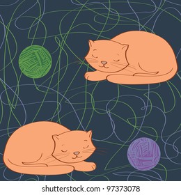 Cute ginger cat sleeping pattern. seamless pattern vector illustration.