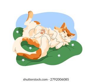 Cute ginger cat spreads on bed and lying on its back on blanket. Happy kitty relaxes and sleeps. Domestic animal, kitten has a rest. Asleep pet. Flat isolated vector illustration on white background
