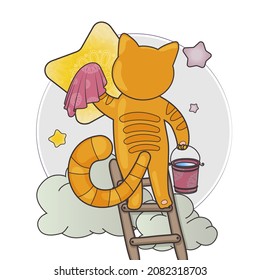 Cute ginger cat is standing on a cloud, cleaning the stars with a lace cloth. He holds a bucket of water in his paw. Vector illustration. Cute character for a children's fairy tale, postcard, poster