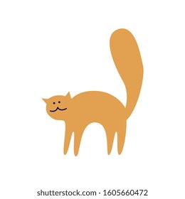 Cute ginger cat stands arched back flat cartoon style, vector illustration isolated on white background. Frightened kitten curved its spine and lifted tail up or feline animal is stretching