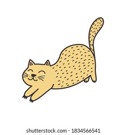 Cute ginger cat stretching isolated element. Feline character. Funny print for kids design. Vector illustration