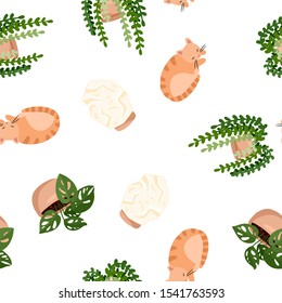 Cute ginger cat and succulent plants in lagom style seamless pattern. Scandinavian hygge style. Cozy lagom background tile