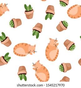 Cute ginger cat and succulent plants in lagom style seamless pattern. Scandinavian hygge style. Cozy lagom background tile