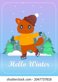 A cute ginger cat in a sweater and a hat is skating on the ice. Winter new year illustration. Vector illustration for greeting cards, post cards.