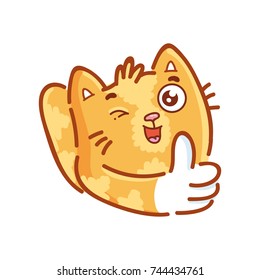 Cute ginger Cat: thumbs up, like sign, happy, good mood emotion. Set of kitty, kitten character in vector hand drawn style, doodle cartoon illustrations. As logo, mascot, sticker, emoji, emoticon