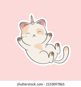 Cute Ginger Cat With Unicorn. Lovely Sleeping Kitten With Closed Eyes Isolated On A Light Rose Background. Fairy Tale Character In Kawaii Anime Style.