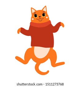 Cute ginger cat in warm red sweater isolated on white background. Flat vector illustration. Relaxed lying kitty wearing cozy autumn or winter clothes.  T shirt print design, cartoon pet animal sticker