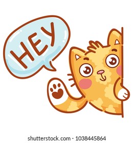 Cute ginger Cat waving hand in greeting and say Hey. Hand drawn character art illustration in cartoon style as logo, mascot, sticker, emoji, emoticon