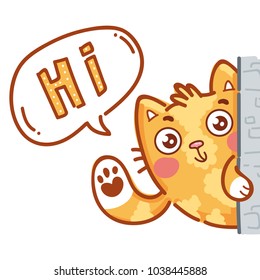 Cute ginger Cat waving hand in greeting and say Hi. Hand drawn character art illustration in cartoon style as logo, mascot, sticker, emoji, emoticon