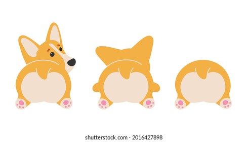 Cute ginger dog, Welsh Corgi Pembroke, back view. Corgis heart butt isolated on white background. Vector illustration for postcard, banner, web, decor, design, arts, calendar.