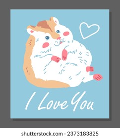 Cute ginger fat hamster with white belly. Funny fluffy pet vector cartoon illustration. Small adorable home animal on blue background. I love you poster with heart. Little mouse best childish friend