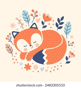 Cute ginger fox among flowers. Cozy hand drawn vector illustration. Adorable baby animal. Naive modern scandi style t-shirt print