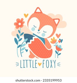 Cute Ingwer Fuchs und handgezeichnete Stilschrift. Adorable Rotkopftier. Farbige, gemütliche Skandinavien. Printable Girly Doodle Dekoration. Babyduschkarte, Kinderhemd.