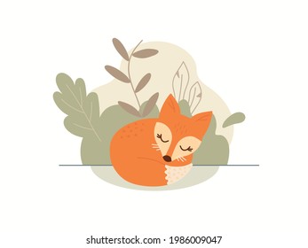Cute ginger fox sleeping on the lawn. llustration for banner, sticker and poster for baby rooms. Childish background.