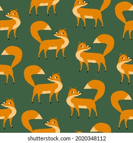 Cute ginger fox with sly eyes on a green background. Funny character hand drawn vector illustration. Forest animals seamless pattern.