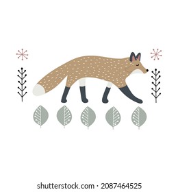 Cute ginger fox walking in forest grass, Scandinavian style isolated hand drawn vector clipart