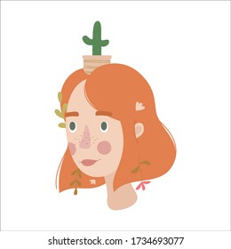 Cute ginger girl with cactus on the head. Zero waste, autumn, hobby, taking care of houseplants, growing potted plants at home concepts. Scandinavian style. Flat cartoon. Vector stock illustration.