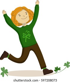 Cute ginger girl character in green sweater with clover. Isolated. Saint Patrick's day background for the site, shop, magazine promotions. 