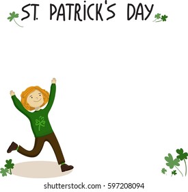 Cute ginger girl character in green sweater with clover. Lettering with clover. Saint Patrick's day background for the site, shop, magazine promotions. Place for your text.