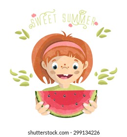 Cute ginger girl with hair band and watermelon slice in hands