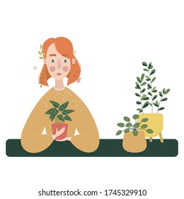 Cute ginger girl with plants: calathea, pilea, ficus. Zero waste, hobby, taking care of houseplants, growing potted plants at home concepts. Scandinavian style. Flat cartoon. Vector stock illustration