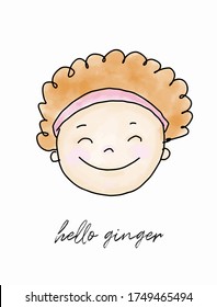 Cute Ginger Hair Smiling Girl. Funny Hand Drawn Nursert Illustration with Lovely Little Girl Isolated on a White Background. Sweet Girl with Red Curly Hair.