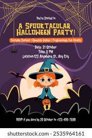 Cute ginger haired Halloween witch girl. Kawaii illustrative Halloween party invitation template. Kid wearing Halloween costume cartoon invite.