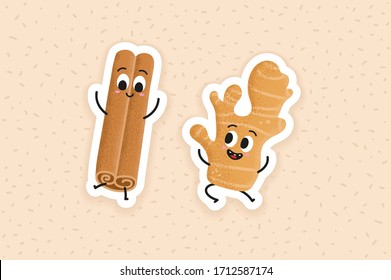 Cute ginger and happy cinnamon dance. Cute cartoon spice character set. Rolled cinnamon stick and aromatic ginger stickers jumping and having fun. Illustration for kids. Cool shirt design.