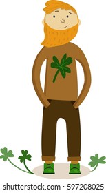 Cute ginger Irish bearded man character in ginger-brown sweater with clover. Isolated. Clover on the ground. Saint Patrick's day background for the site, shop, magazine promotions. 