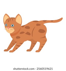 Cute ginger kitten with black stripes stretching its body, isolated on a white background