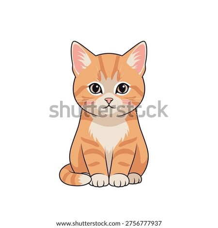 A cute ginger kitten cartoon character sitting peacefully, featuring big expressive eyes and soft stripes