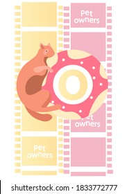 Cute ginger kitten lies with sweet donut vector illustration in pastel colours on the film strip background. Pet owners cute banner with lettering. Love for cats, positivity domestic animals