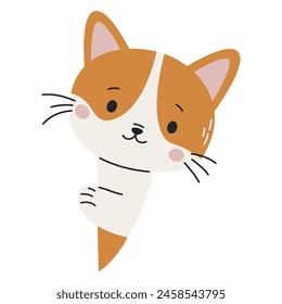 Lindo gatito de jengibre asomándose por detrás de un Anuncio. Ilustración vectorial plana sobre fondo blanco, espacio para su texto 