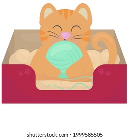cute ginger kitten playing with a ball of thread in his crib on a litter, vector illustration in a flat style, pet
